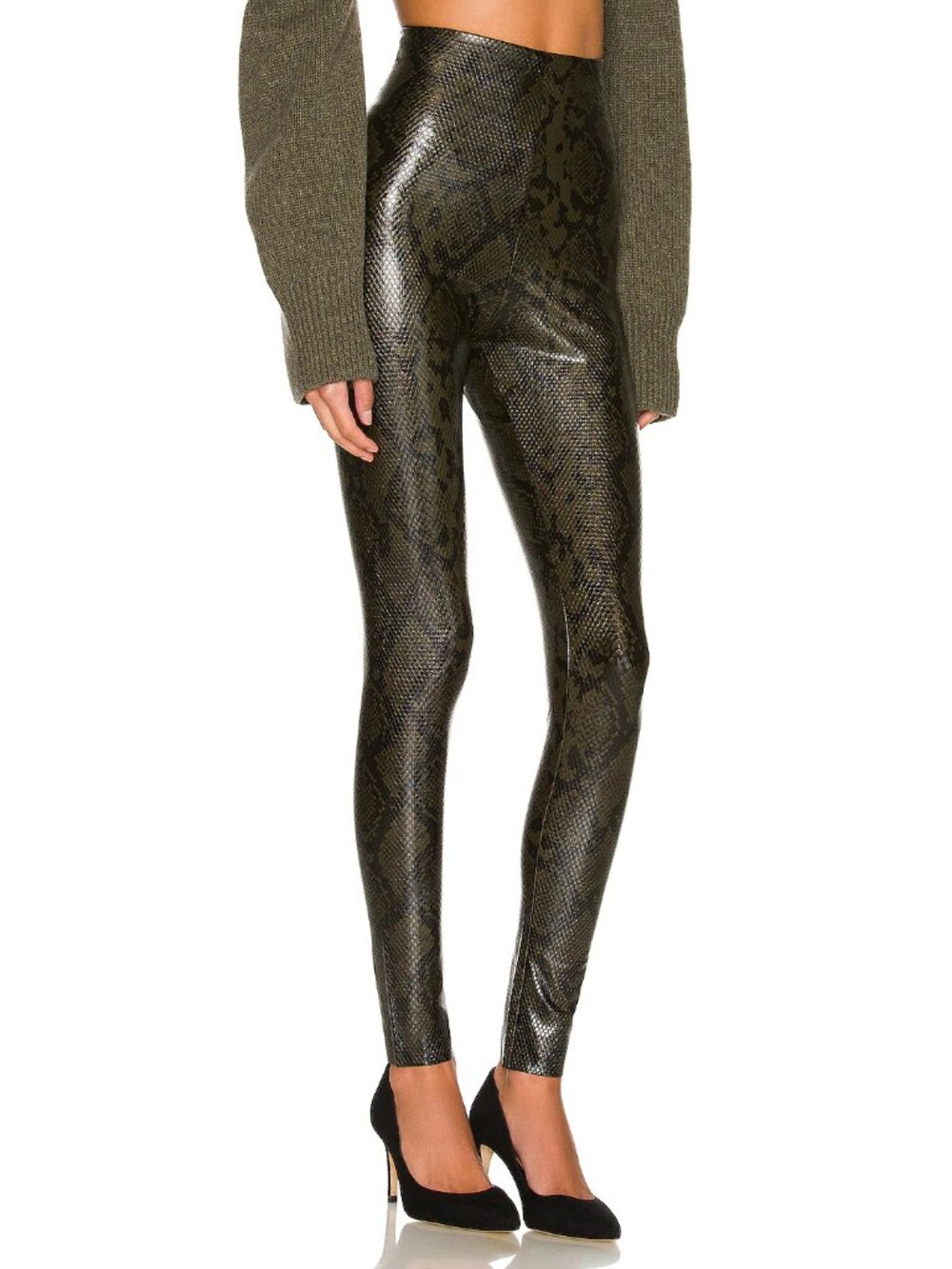 Commando Women's Faux Leather Animal Print Legging Moss Green Snake Size Large
